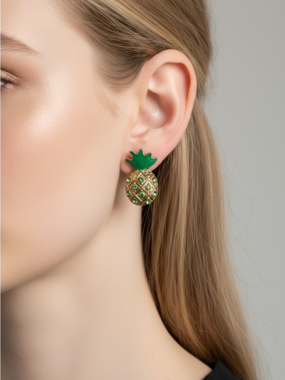 9/18 Green & Gold Pineapple Stud Earrings - Women Jewelry
